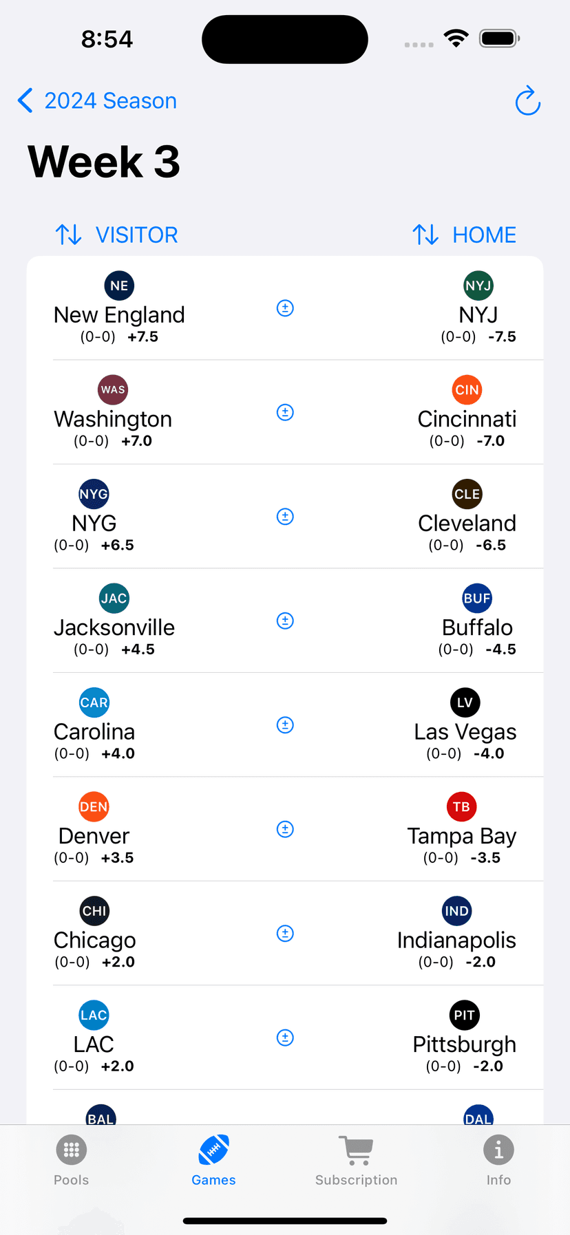 SpreadWise app — weekly game spreads