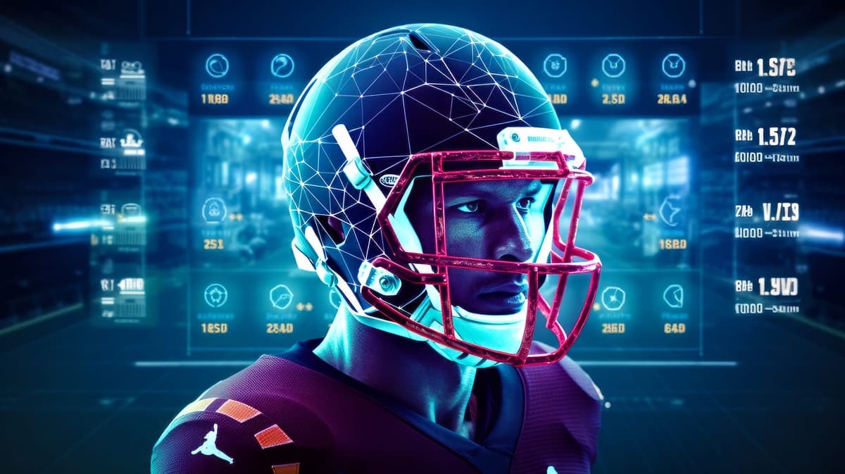 A football player wearing a helmet is standing in front of a computer screen.