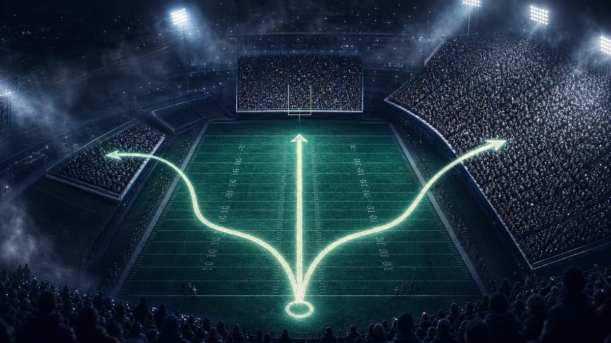 A glowing playbook route tree on a stadium field splitting into three paths toward crowds of different sizes