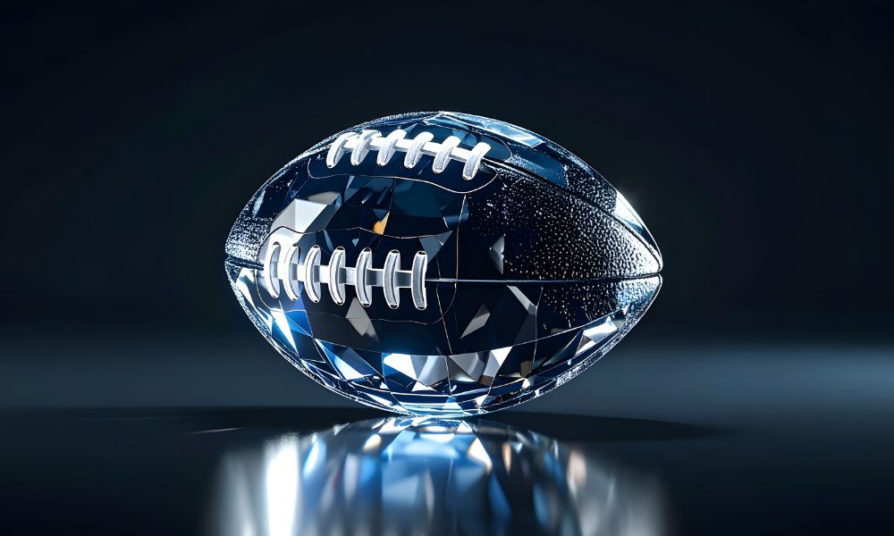 A faceted crystal football glows on a reflective surface, set against a dark background.
