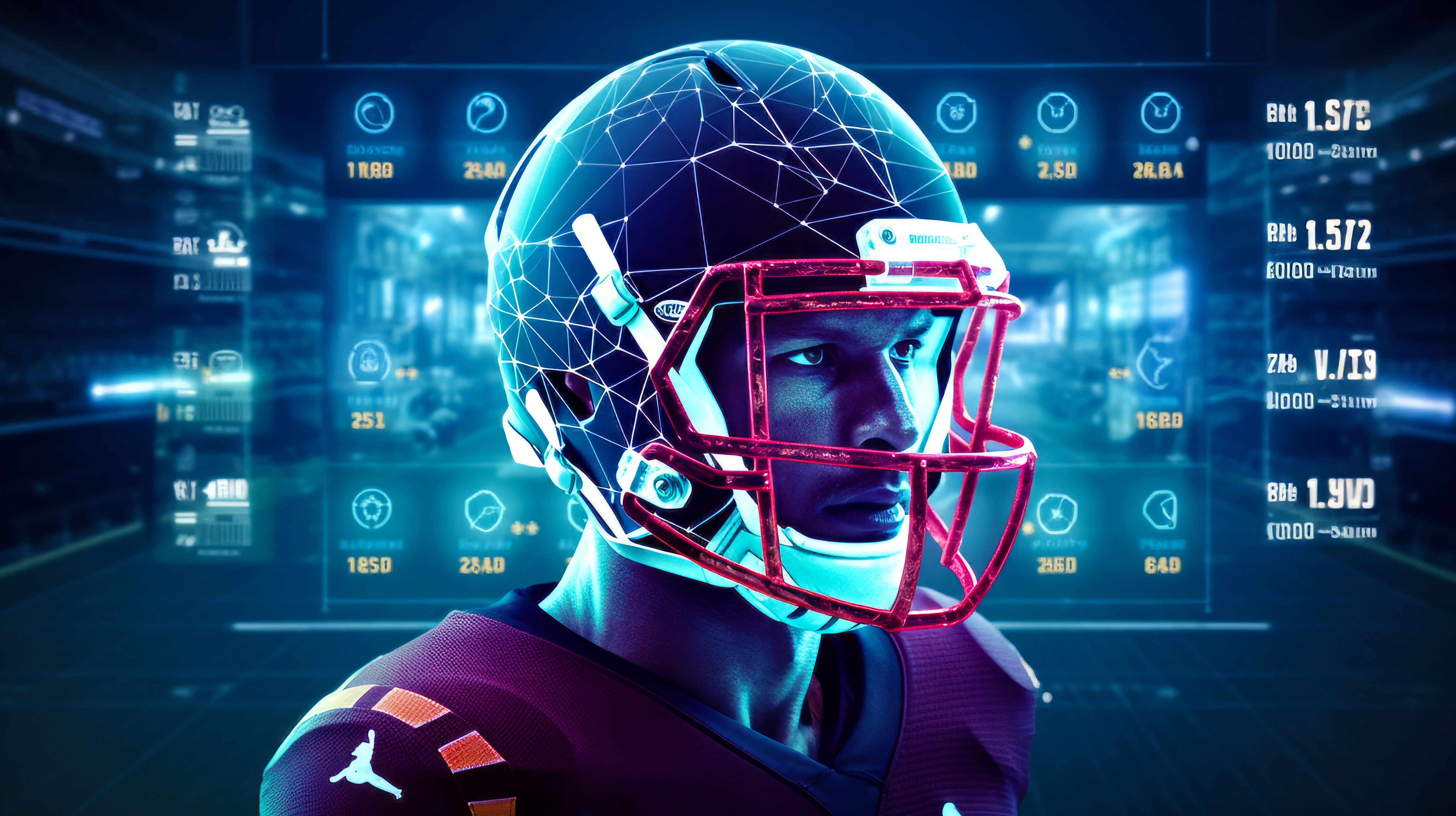 A football player wearing a helmet is standing in front of a computer screen.